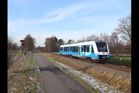 One of the Alstom Cordia Lint DMUs near Hestrup during the first test run from Neuenhaus to Bad Bentheim on January 19 (Photo: Hans Scherpenhuizen).